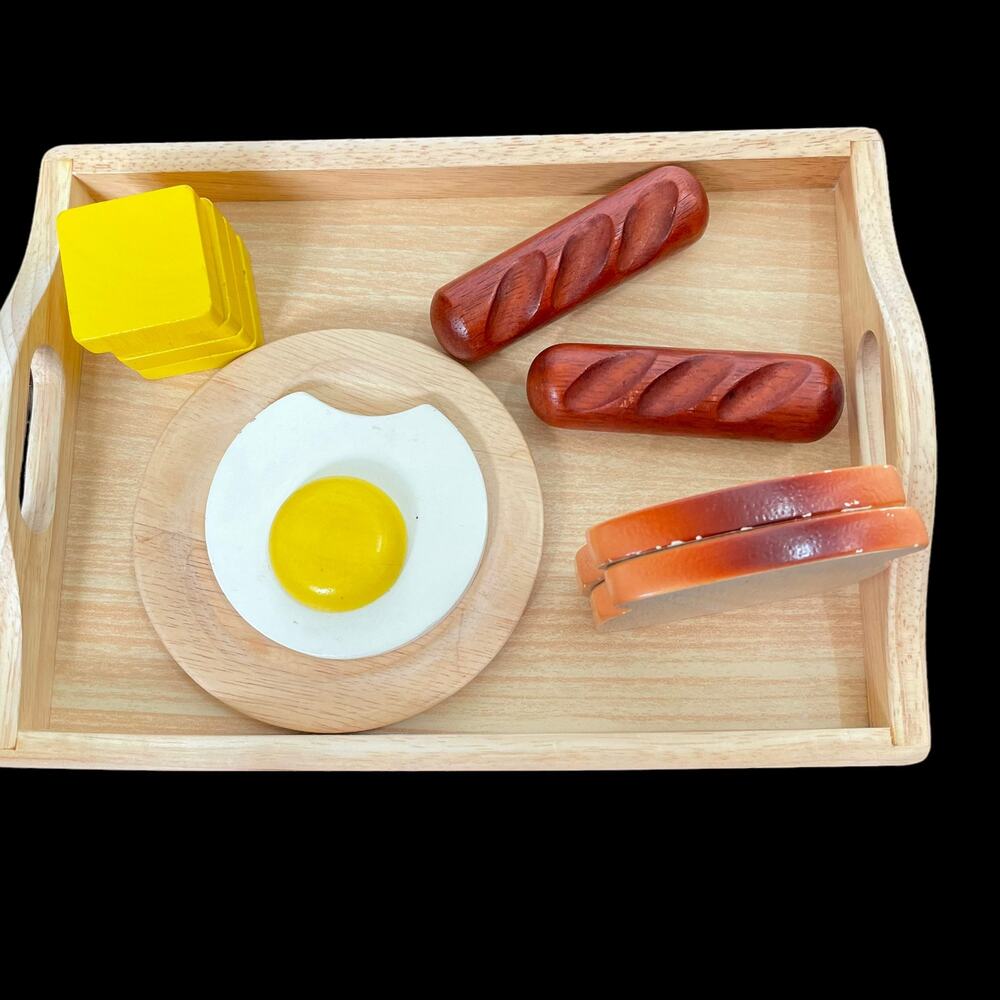 Wooden Pretend Play Breakfast Food Toy Child Eggs Toast Tray Breakfast In Bed
